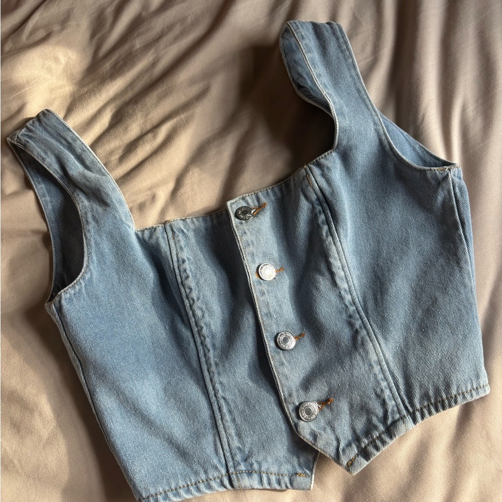Blue Denim Button-Up Crop Top